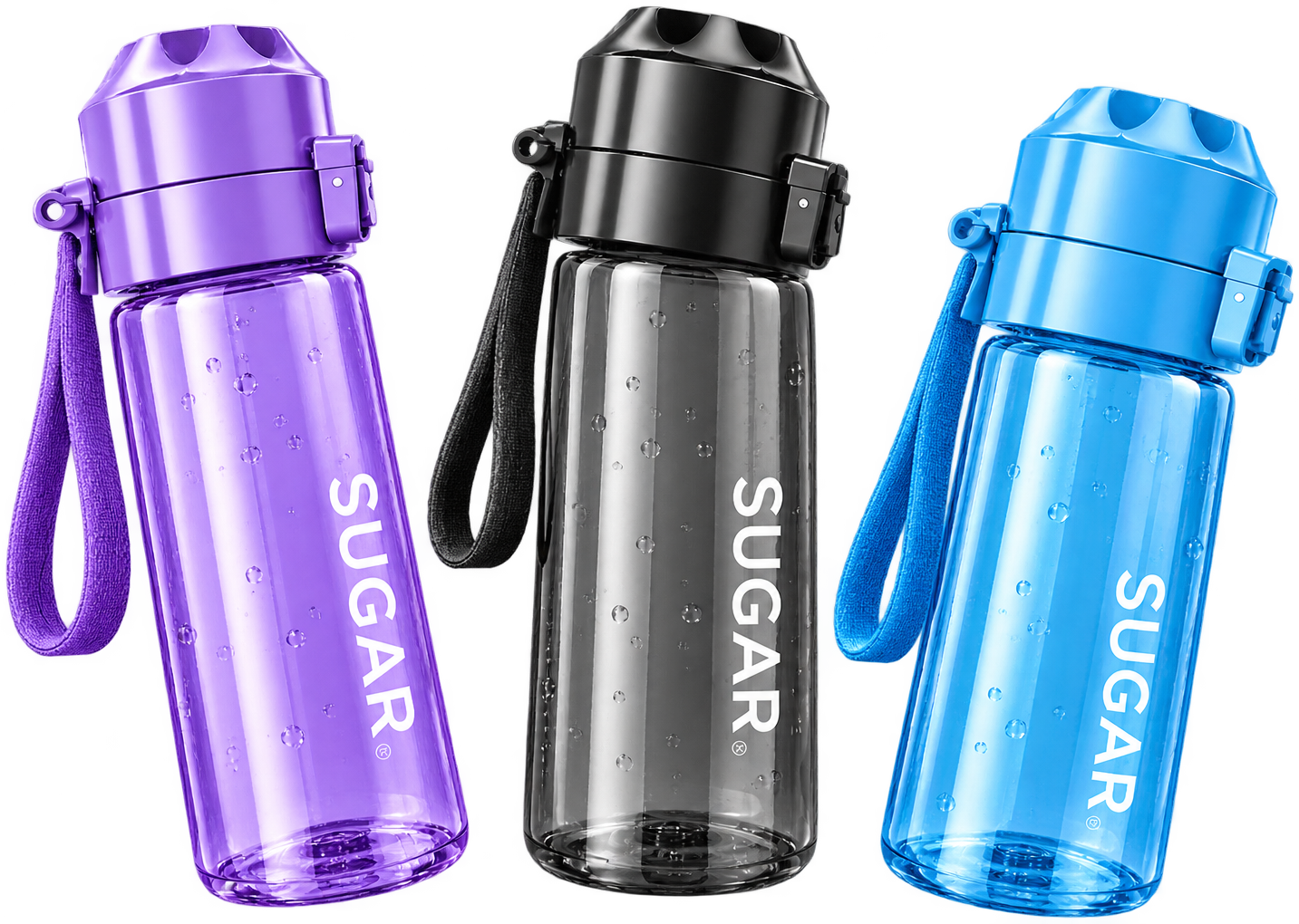 Les SUGAR Bottle en lilas, noir et bleu ciel